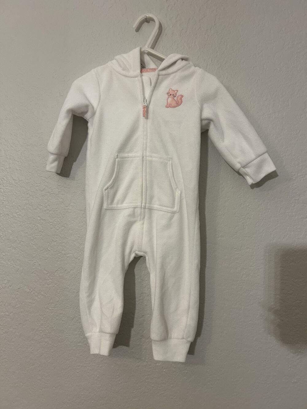 Carter's Girls 6M Hooded Zip Fleece One-Piece Coverall Cat White Pink